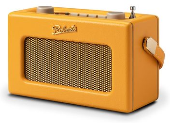 Rádio Roberts Revival Uno BT žluté, obdélníkový kryt potažený zrnitou umělou kůží s širokým zlatým kovovým mřížkováním na přední straně, pohled z pravého předního tříčtvrtečního úhlu ukazující šedé tlačítka, složenou chromovanou anténu a barevně sladěný postranní popruh