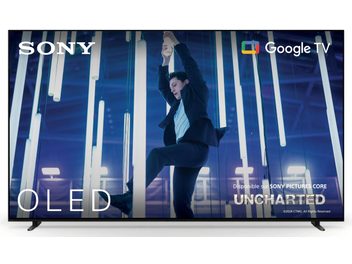 Sony BRAVIA 8 65XR80 højopløsnings-tv i sort, metalchassis med ultratynd ramme, flad OLED-skærm og slanke sideben, vist forfra