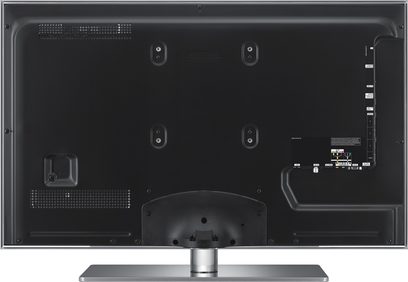 Samsung UE40C6000 LED-Fernseher Full HD, Vorderansicht, schwarzer Bildschirm, 5 Lautsprecher, Anschlüsse auf der Rückseite, silberfarbener Standfuß