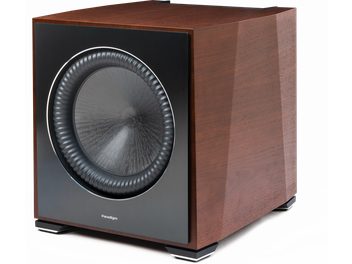 Paradigm XR 11 subwoofer i valnøddetræ, mørkt træ kabinet, mat sort højttaler på fronten, hvidt logo