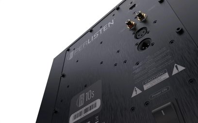 Subwoofer Perlisten R10s, vista dal basso verso l'alto, pannello posteriore nero con connettori RCA, XLR, interruttore e iscrizioni incise