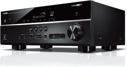 Yamaha RX-V485 sort hjemmebiografsforstærker, set forfra, sort front med knapper, drejeknapper, skærm, hovedtelefonstik og USB-port