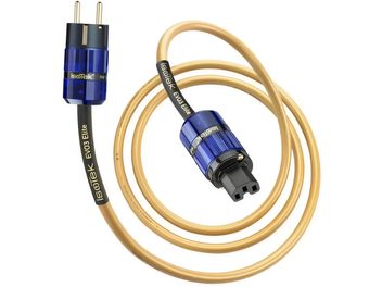 Síťový napájecí kabel IsoTek EVO3 Elite, délka 3 metry, s modrými konektory a zlatým opletem, smotaný