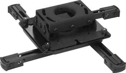 Supporto da soffitto nero in metallo per videoproiettore Chief RSAU, con bracci articolati e viti di fissaggio, visto frontalmente su sfondo bianco