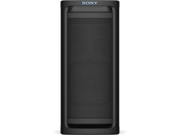 Bærbar Sony ULT Tower 9 Bluetooth-højttaler i sort plast, slank rektangulær krop med afrundede hjørner, stor tekstureret metalgitter på fronten og blåt Sony-logo øverst, set forfra