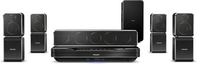 Philips HTS9540 hjemmebiograf-system set forfra, sorte satellithøjttalere, sort soundbar, sort subwoofer