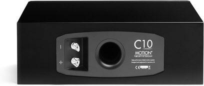 Centrální reproduktor MartinLogan Motion C10 v černém laku s zadním panelem obsahujícím 2 svorky, kruhový basový port a nápisy