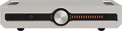 Integrert stereo hi-fi forsterker Roksan CASPIAN 4G integrert sølv, frontvisning, rektangulært kabinett, sirkulær sentral knapp, oransje lysindikatorer