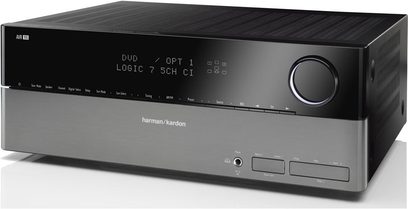 Harman Kardon AVR 155 zwarte home cinema-versterker, vooraanzicht, LED-display, knoppen en bedieningsknop, USB-poort