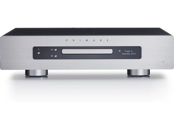Primare DD35 silver CD player, front view, silver front panel with display, buttons and CD slot, placed on a white surface