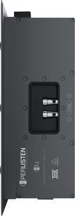 Indbygget væghøjttaler Perlisten R7i‑C, mat sort metalchassis, profilvisning af bagsiden med to terminaler og skruer