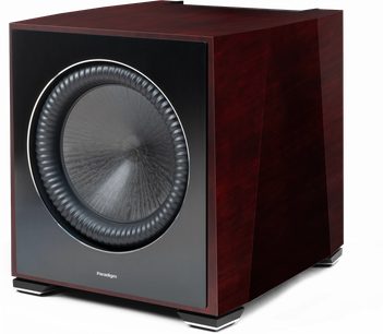 Paradigm XR 11 subwoofer in dark cherry, front view, black speaker, white logo on black