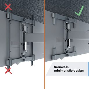 Vægmonteret TV-beslag fra Vogel's TVM 3465 i grå metal, minimalistisk og rent design, usynlige monteringsbeslag, set forfra og fra siden