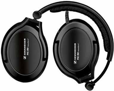 Sennheiser PXC-350 sort circumaural hovedtelefon, set forfra og fra siden, hovedbøjle og ørepuder i sort imiteret læder