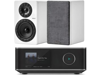 Catena hi-fi nera con schermo e grossa manopola, accompagnata da due diffusori da scaffale Elipson bianchi e grigi