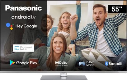 Panasonic TX-55LX660E 55-tommer tv, der viser en Android TV-reklame med 4 personer på en sofa