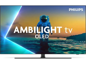 Framifrånvy av en Philips 65OLED850 svart TV med tunn metallram och platt OLED-skärm som täcker nästan hela ytan, placerad på ett centralt metallstativ