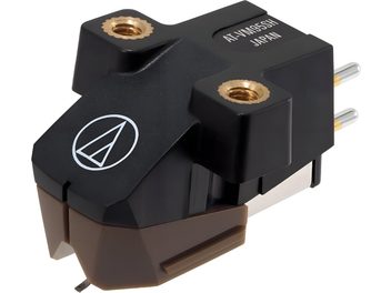 Чорний картридж для вінілових програвачів Audio Technica AT-VM95SH, вигляд спереду та зверху, зі стилусом і логотипом