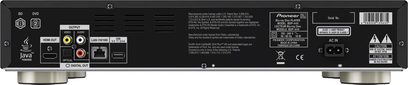 Pioneer BDP-440 4K Blu-ray-afspiller set forfra med HDMI-, LAN-, USB-tilslutninger og optiske og koaksiale lydudgange