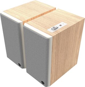 Paar Klipsch The Fives II vernetzte Lautsprecher in Eiche mit grauen Gittern und Bedienung auf der Oberseite
