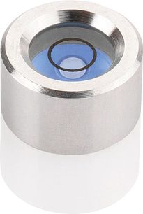 Cylindryczny, szczotkowany aluminiowy poziomicz bąbelkowy ClearAudio Mini z niebieską bąbelką poziomu na środku