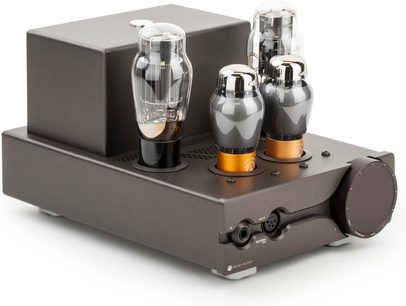 High-end sluchátkový předzesilovač Feliks Audio Euforia Evo černý, lampový, tříčtvrteční pohled s velkým předním ovladačem