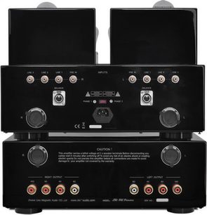 Line Magnetic LM-845 Premium rørvakuumforstærker, frontvisning, sort, 4 rør, 8 knapper, 4 RCA-stik