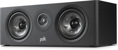 Polk Audio R300 centrale nera, vista frontale, 2 altoparlanti, 1 tweeter, logo bianco, senza griglia