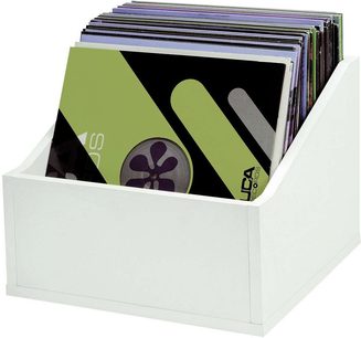 Cutie de depozitare albă Glorious Record box advanced 110 pentru discuri de vinil, vedere din față în perspectivă, cu capacul deschis