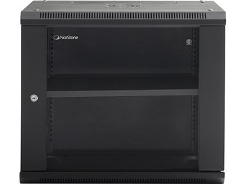 Czarna szafka audiowizualna Norstone Pro Wall Rack 9U z przeszklonymi drzwiami, zamkiem po lewej stronie, wewnętrzną półką i kratkami wentylacyjnymi