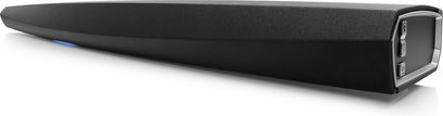 Czarna soundbar Denon DHT-S716H, widok z boku, wydłużona i smukła forma, z wyświetlaczem po prawej stronie