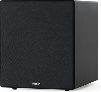 Svart Elipson Classic Sub 12 subwoofer, sett skrått forfra, med frontgrill og hvit logo nederst