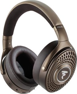 Draadloze Bluetooth hifi-hoofdtelefoon Focal Bathys MG met gewatteerde hoofdband, bruine leren oorkussens en ronde geperforeerde oorschelpen