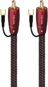 Audioquest Irish Red 8 m subwooferkabel med røde RCA-stik og sorte fletninger med røde striber