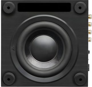 Cassa subwoofer Triangle Thetis 300 nero cenere in MDF, vista dal basso che mostra un grande altoparlante circolare centrale, una porta rettangolare in alto e quattro piedini cilindrici agli angoli