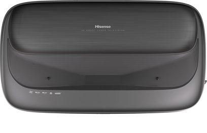 Hisense 100L9HD projektor, set ovenfra, sort overflade, knapper og HDMI-porte, Dolby, 4K, DLP nederst