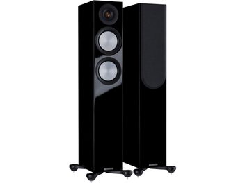 Monitor Audio Silver 200 7G Standlautsprecher, schwarze Hochglanzlackierung, Frontansicht mit Hochtöner und zwei Mittel-/Tieftönern