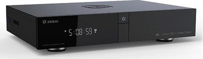 Zidoo Z1000 PRO sort multimedie-afspiller, set forfra, blå LED-display "5:08:59", to USB-porte foran