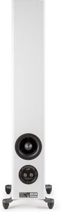 Altavoz de columna Polk Audio R500 blanco, vista frontal, dos altavoces circulares negros, perillas de ajuste negras