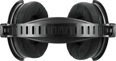 Sort Audio Technica ATH-R70xa hi-fi hovedtelefon med kabel i metal med åbent hovedbånd og tykke ørepuder i velour, set ovenfra