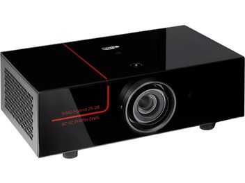 Vidéoprojecteur SIM2 Hybrid 25-28 noir brillant, avec objectif en façade, liseré rouge et grille latérale