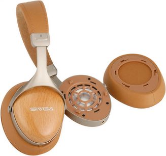 Sivga SV021 PRO hifi-hoofdtelefoon met lichtgekleurde houtnerfbehuizingen, camelbruine hoofdband en losgemaakt oorkussen met zichtbare luidspreker