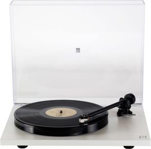 Rega Planar 1 matte white turntable, top view, black tonearm, black platter, clear anti-dust lid