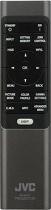 Telecomandă JVC DLA-NZ900 cu butoane negre și gri, text alb, buton central "OK" și buton "LIGHT" în partea de jos