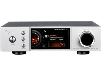 Convertisseur audio DAC Cayin iDAC-6 MK2 en aluminium brossé argenté, vue de face avec écran couleur central, trois petits boutons verticaux et bouton d’alimentation circulaire à gauche, gros sélecteur rotatif noir cerclé de métal à droite