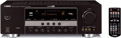 Ampli home-cinéma Yamaha RX-V363 noir, face avant avec afficheur, boutons, molettes et prises en vue frontale