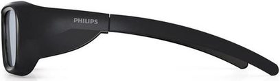 Philips PTA517 sort 3D-brille, set fra venstre profil, med foldede bøjler, hvidt "PHILIPS"-logo på venstre bøjle