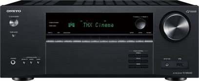 Onkyo TX-NR6100 svart hemmabioprojektor, frontvy, grön display "THX Cinema", många knappar och anslutningar