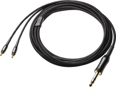 Lukket hi-fi hovedtelefon ATH-AWKG med ledning, sort flettet audiokabel, forgyldte stik, set ovenfra, 3 stik synlige