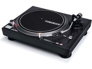 Gramofon Reloop RP 4000 MK2 w kolorze czarnym, widok z góry, aluminiowy talerz, ramię, elementy sterujące i złącza z tyłu